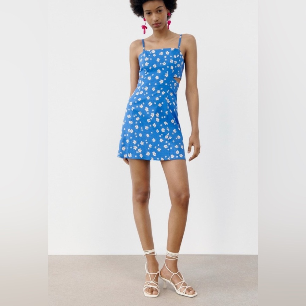 New Zara Linen Blend Floral Printed Mini Cut Out Summer Dress Size L